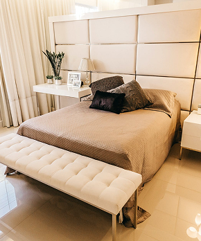 Cozy bedroom with upholstered headboard